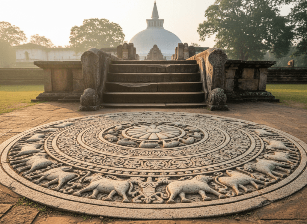 An intricately carved stone moonstone at the entrance of an ancient Sri Lankan temple in Anuradhapura, each concentric band filled with detailed depictions of lotus petals, animals, and geometric patterns worn smooth by centuries of use. The moonstone lies at the base of timeworn stone steps, flanked by moss-covered guard stones. Early morning light grazes the carvings from the side, casting fine, elongated shadows that emphasize every groove and relief. The background falls softly out of focus, hinting at towering stupas and mature trees without distraction. Photographic realism, shot from a low, close perspective with a shallow depth of field to highlight texture and craftsmanship. The mood is scholarly and reverent, underscoring Sri Lanka’s deep historical and cultural layers.