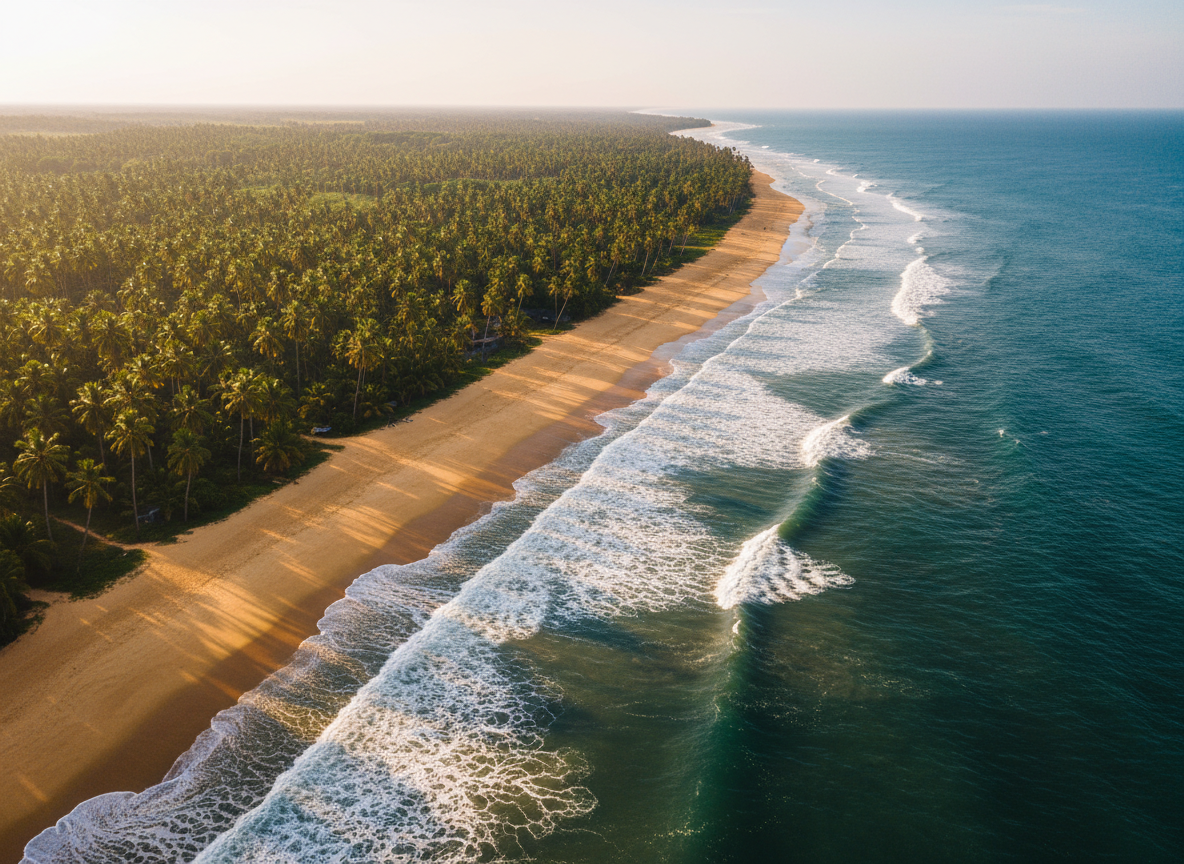 A sweeping aerial view of Sri Lanka’s southern coastline, with a curve of fine golden sand meeting the deep turquoise Indian Ocean. Gentle waves lace the shore with white foam, while dense emerald coconut palms form a lush band behind the beach. Late-afternoon golden hour light bathes the landscape, creating long, elegant shadows from the palms and a warm glow on the water’s surface. Photographic realism, shot from a high, slightly angled bird’s-eye perspective, with crisp detail across the frame. The mood is sophisticated and serene, capturing both natural beauty and a sense of expansive possibility, ideal as a flagship image for immersive travel across the island.