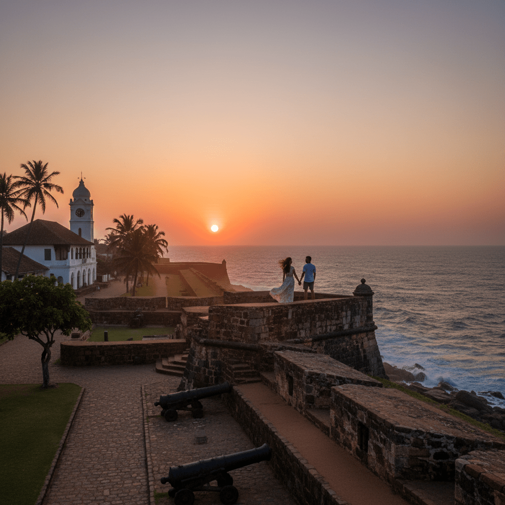 Couple on stone fort ramparts overlooking the ocean at sunset near a colonial clock tower.